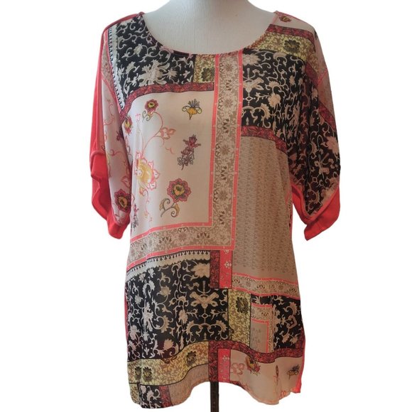 Poeme by Citron Womens Coral Orange Mixed Floral Short Sleeve Lightweight Top S - Picture 1 of 9